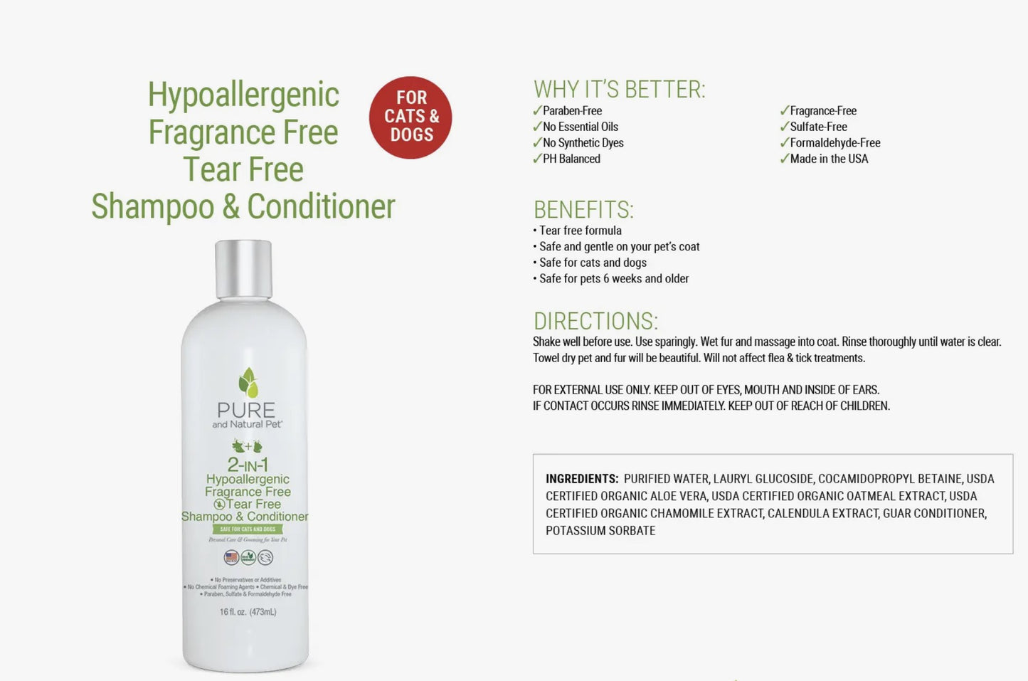 Pure and Natural Pet 2-IN-1 Hypoallergenic Shampoo & Conditioner