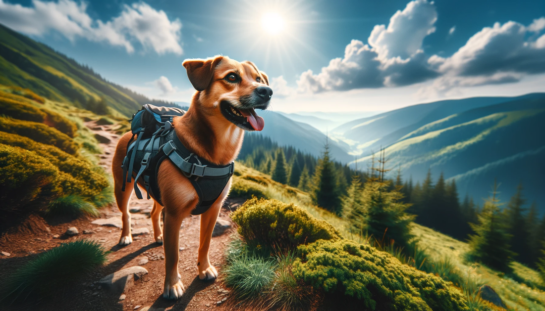 Styled image of a dog hiking on a trail