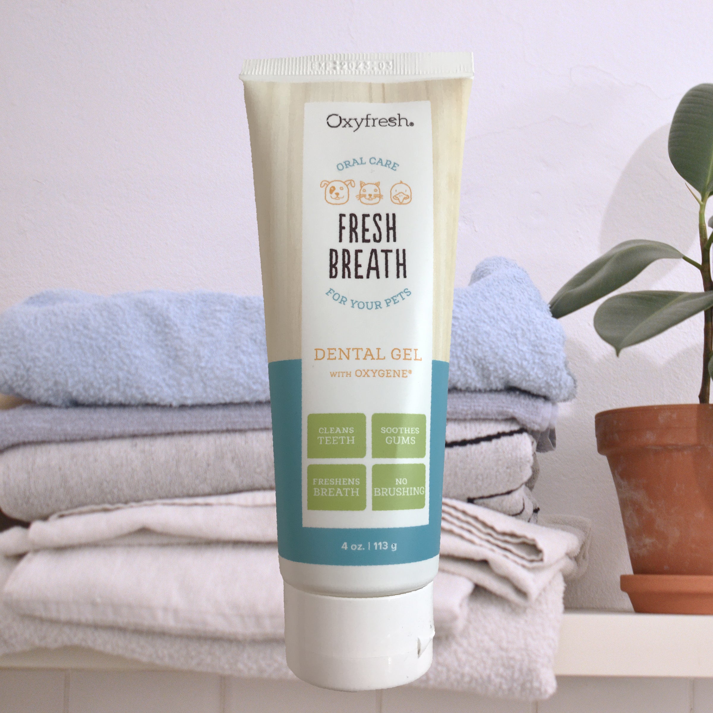 Oxyfresh fresh breath dog dental gel tube shown in foreground, white bathroom in background.