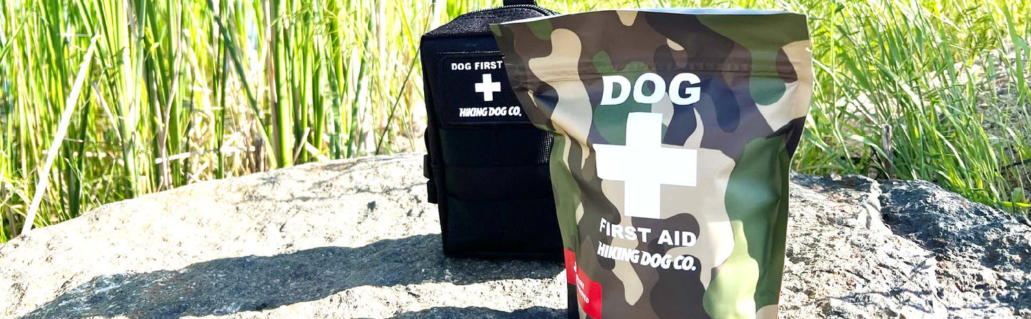Dog First Aid kit from Hiking Dog Co. Optional molle pouch in stealth black color is shown alongside the kit. 