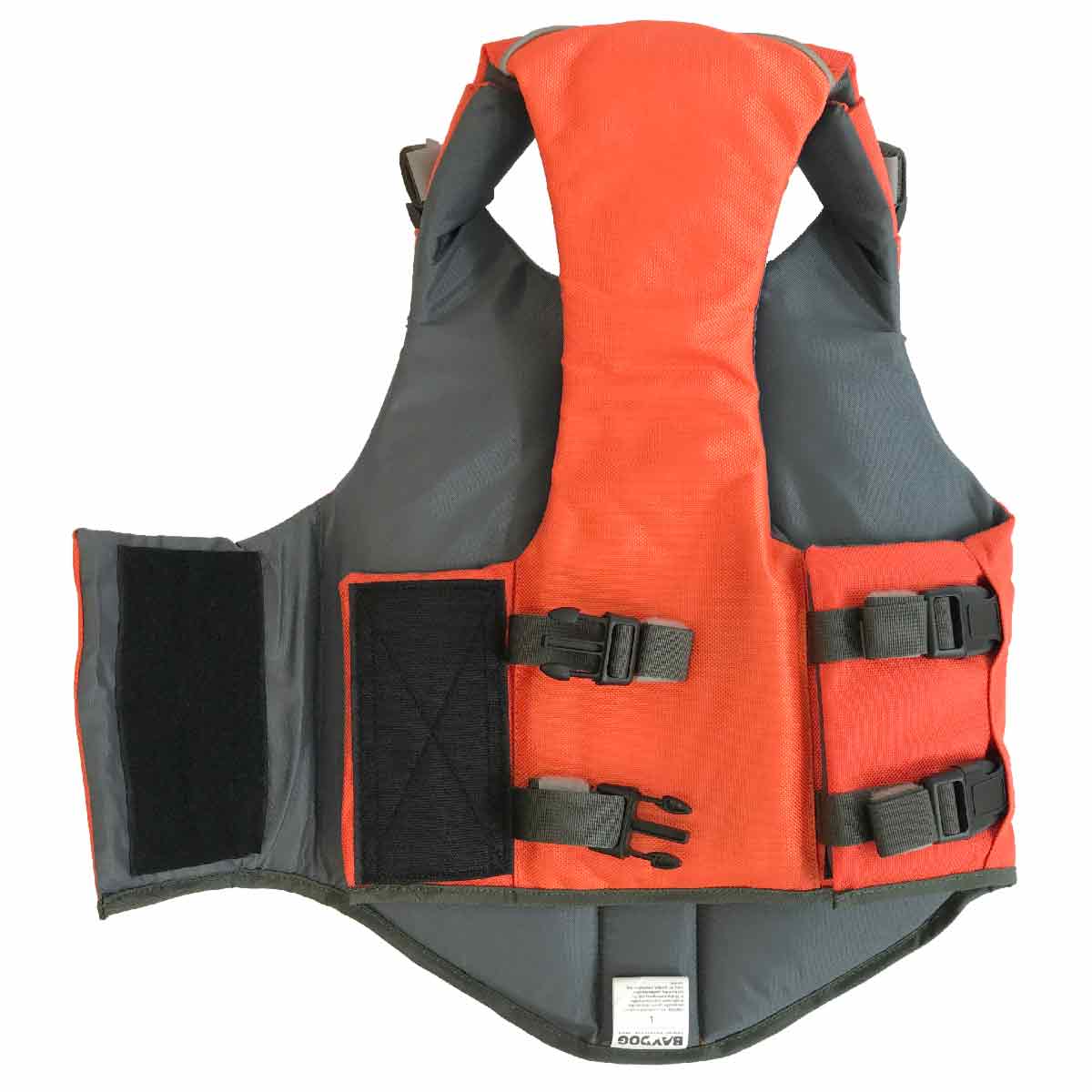 Baydog MOnterey Bay life jacket for dogs back detail view showing closure and straps.