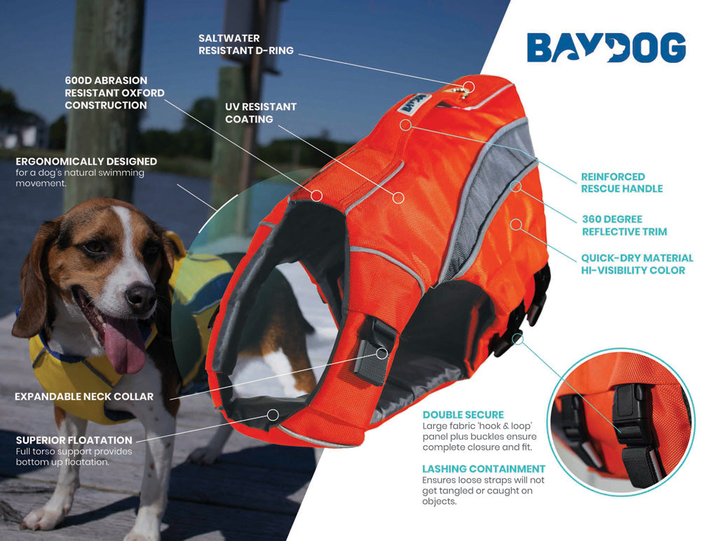 Monterey Bay Life Jacket for Dogs by BAYDOG detailed view, including saltwater resistant d-ring, reinforced rescue handle, quick-dry material, superior flotation, and more.