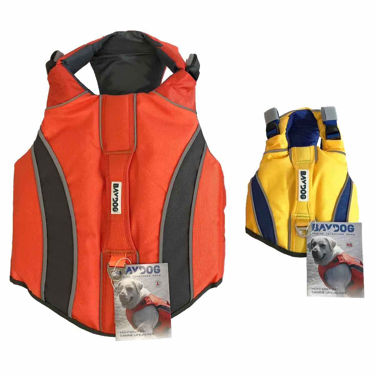 BAYDOG Monterey Bay flotation vest for dogs in blaze orange and nautical yellow front view