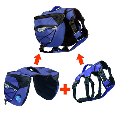 Illustration showing how Saranac backpack for dogs saddlebags can be removed, and the harness that the saddlebags attach to.