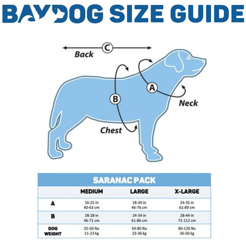 Saranac Pack sizing guide. Medium: Neck 16-25 inches; Chest 18-28 inches; dog weight 25-50 pounds. Large: Neck 18-30 inches; Chest 24-34 inches; dog weight 50-80 pounds. X-Large: Neck 24-35 inches; Chest 28-44 inches; dog weight 80-120 pounds.