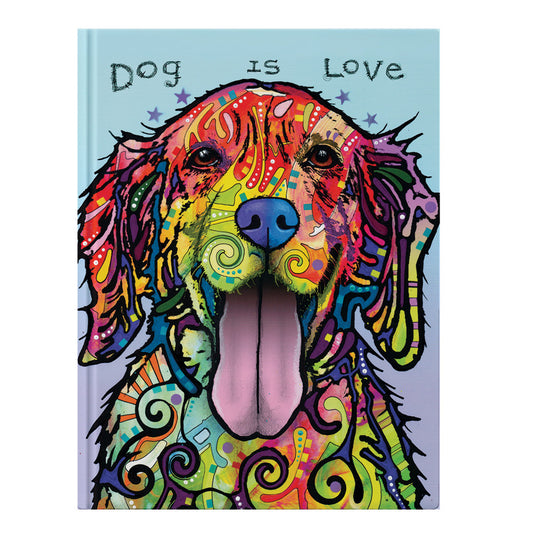 Photo shows the cover of the DOG IS LOVE journal. Cover has a light blue background with a beautiful, colorful dog image.
