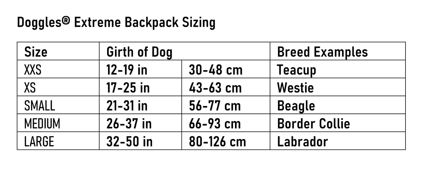 sizing chart for doggles extreme dog backpack