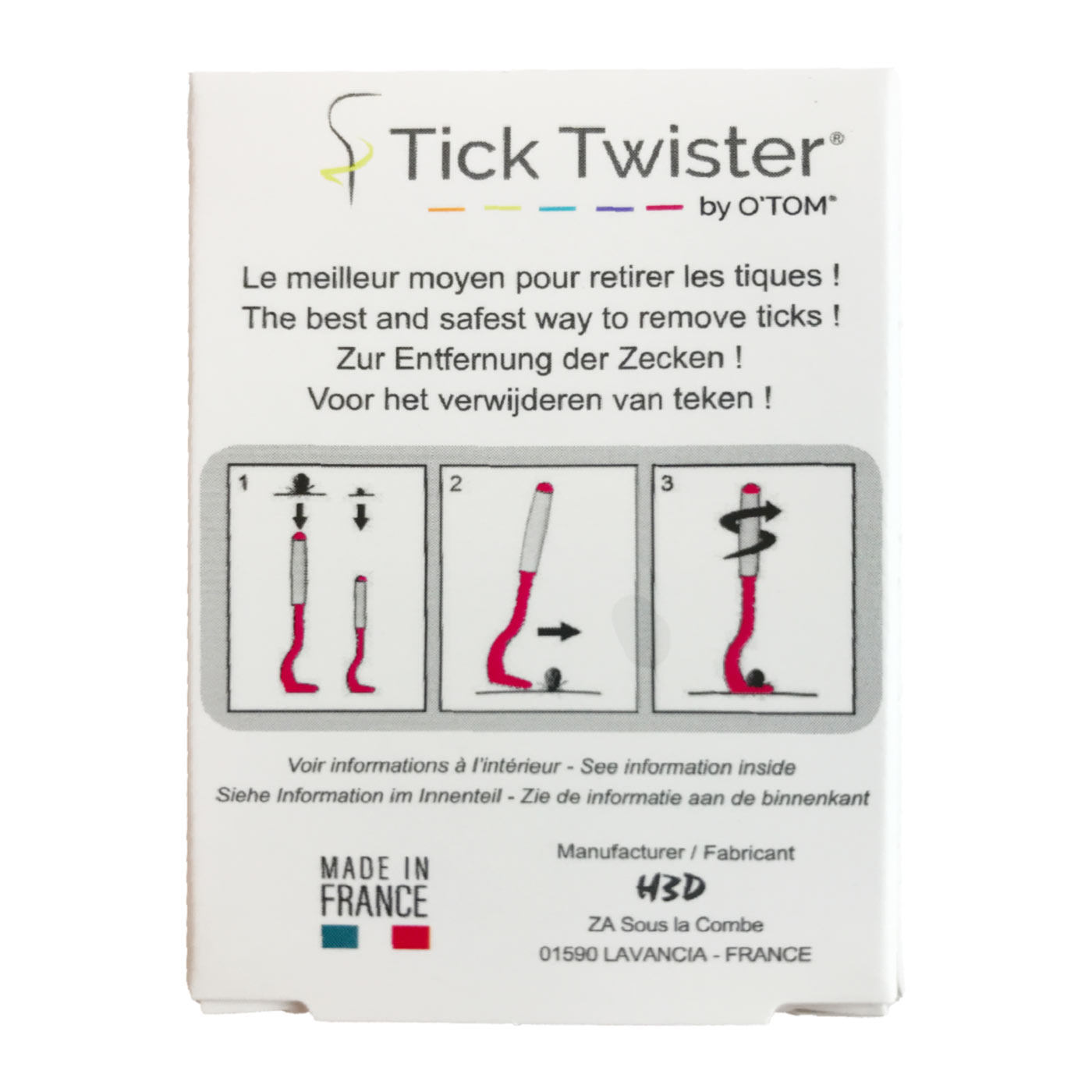 Tick Twister is the best and safest way to remove ticks. Package back view.